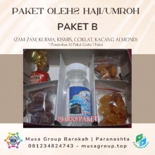 8Paket Oleh2 Haji Umroh
1. Paket A (18.000/ Paket)
(Zam-zam, Coklat, Kurma, Kismis, Kacang Arab)
2. Paket B (19.000/ Paket)
(Zam-zam, Kurma, Kismis, Coklat, Kacang Almond)
3. Paket C (17.000/ Paket)
(Zam-zam, Kurma, Kismis, Kacang Arab)
4. Paket D (19.000/ Paket)
(Zam-zam, Kurma, Kismis, Coklat, Permen Kacang Arab)
*) Pembelian 50 Paket Gratis 1 Paket
Informasi Pemesanan :
0812-3482-4743
atau
https://go.musagroup.top/KontakMusaGroup
https://go.musagroup.top/KontakMusaGroup
https://go.musagroup.top/KontakMusaGroup